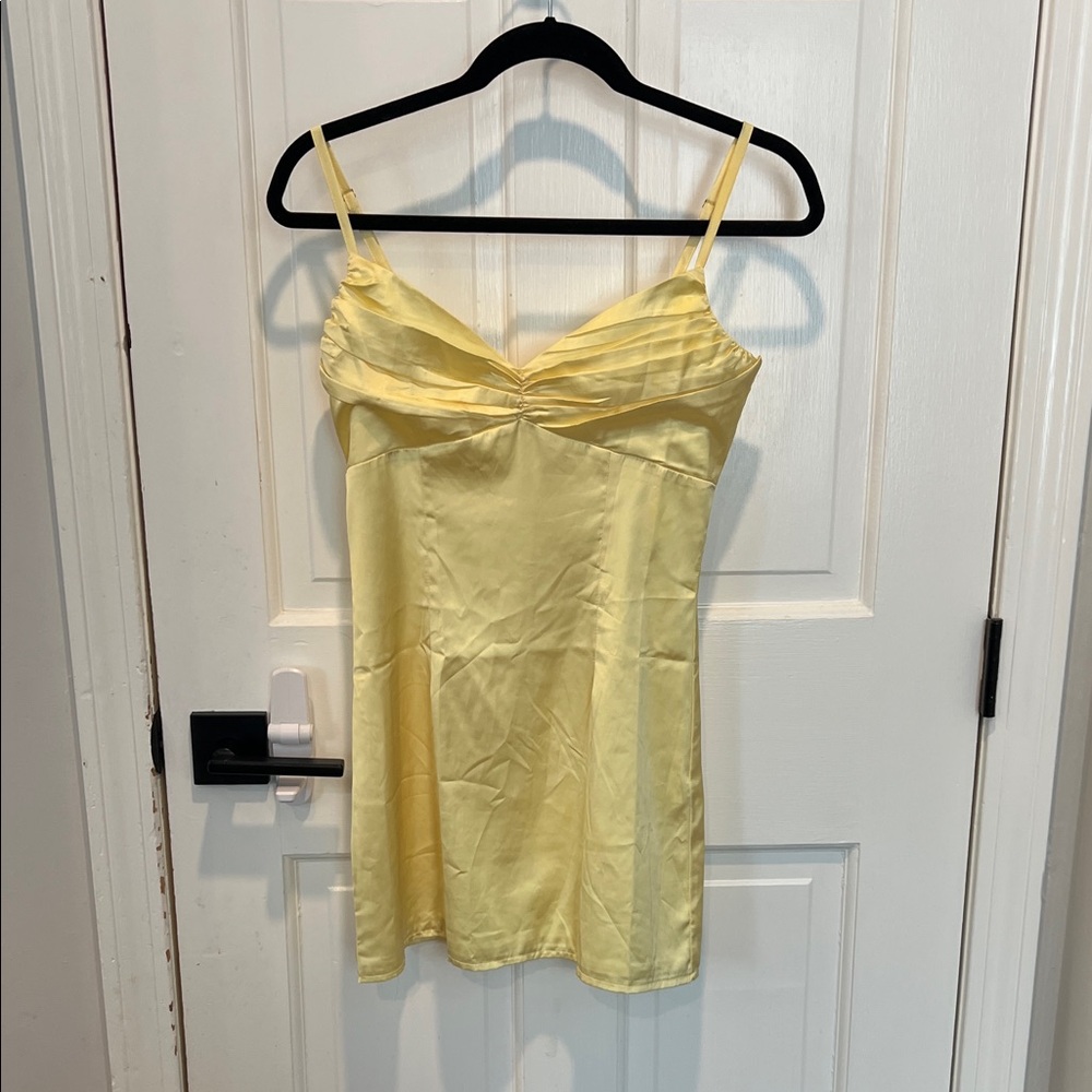 Beginning Boutique Light Yellow Satin Slip Dress with Pleated Bust